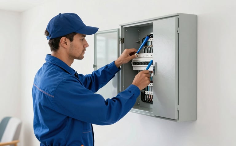 A professional electrician wearing a Royal Blue uniform working on a modern electrical panel inside a bright, contemporary North American / US home. The scene is well-lit with high-key lighting, featuring Pearl White walls and Steel Blue tools.