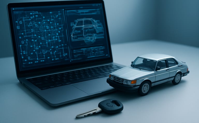 A high-tech composition featuring a laptop screen showing complex data nodes and automotive schematics, sitting on a desk next to a classic Saab 900 ignition key and a scale model of a 900 Turbo. The lighting is crisp and modern, utilizing Soft Powder Blue and Arctic White tones.
