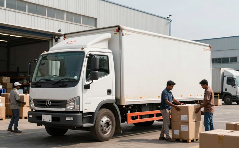 An action photograph of a large, clean delivery truck with professional branding parked outside a busy modern warehouse in an industrial part of Mumbai. South Asian logistics workers are efficiently loading heavy crates and e-commerce boxes during the daytime.