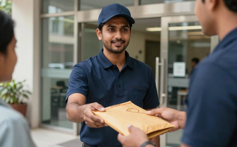 A close-up photograph of a professional South Asian courier in a navy blue uniform handing a secure document envelope to a customer at a modern office entrance in a bright Indian city. The lighting is crisp and natural, highlighting the efficiency and reliability of the service.