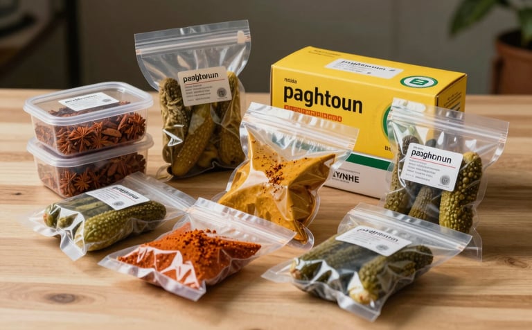 A high-quality studio photograph of neatly packed Indian spices, medicine boxes, and pickles in vacuum-sealed containers ready for international transit. The scene is set on a light wood surface with soft, warm lighting that emphasizes care and security in handling delicate items.
