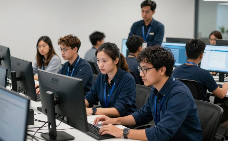 A collaborative team of diverse tech experts in a vibrant North American / US startup hub, working together in front of large monitors. The atmosphere is focused and professional, with a color palette featuring professional navy blue and clean ice white, captured in a sharp, cinematic style.
