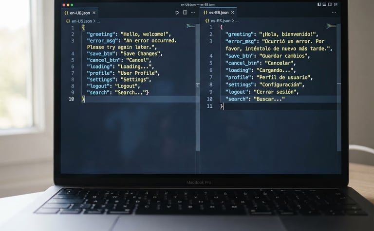 Macro close-up of a sleek modern laptop screen displaying side-by-side English and Spanish code localization files, soft natural daylight from a side window, cool blue and slate gray tones, sharp focus on the text