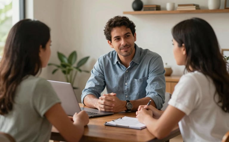 A warm, professional consultation between an advisor and a family in a South American / Brazilian home office setting, focusing on long-term stability and care.