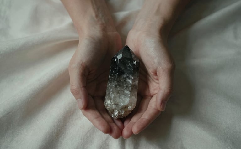 A top-down photographic view of two hands gently holding a charcoal gray quartz crystal over a soft off-white silk surface. The lighting is low and moody, casting soft shadows, evoking a sense of ancient spiritual wisdom.