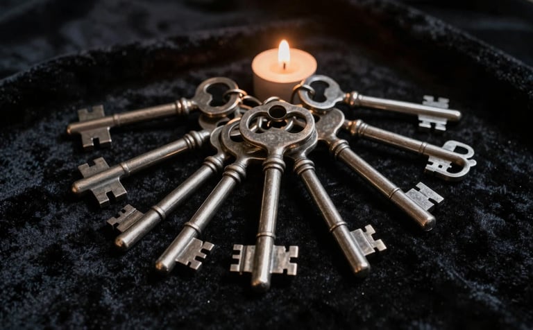 A collection of antique silver gray keys resting on a deep black velvet cloth. The scene is illuminated by the warm, subtle glow of a single hidden candle, creating a mysterious and powerful atmosphere.