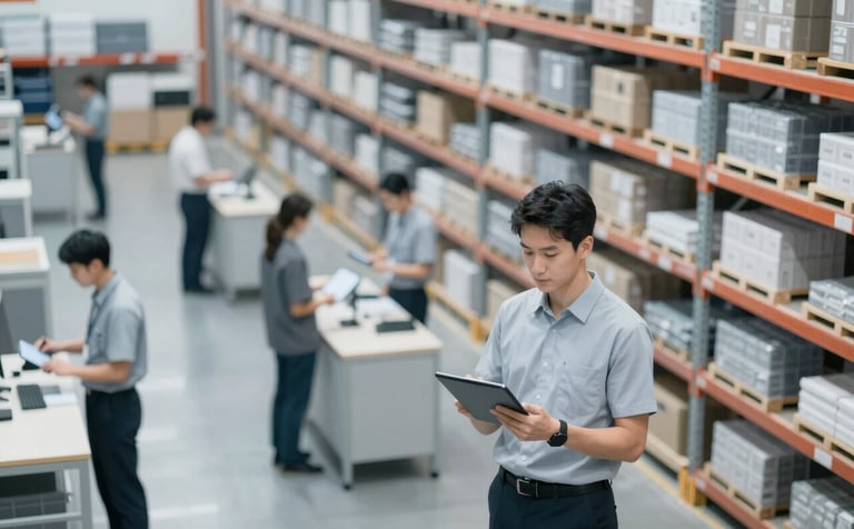 A high-angle professional photograph of a modern, organized distribution center with sleek shelving and logistics staff using tablets. The lighting is crisp and cool, incorporating tones of #546E7A and #ECEFF1 to convey efficiency and strategic precision.