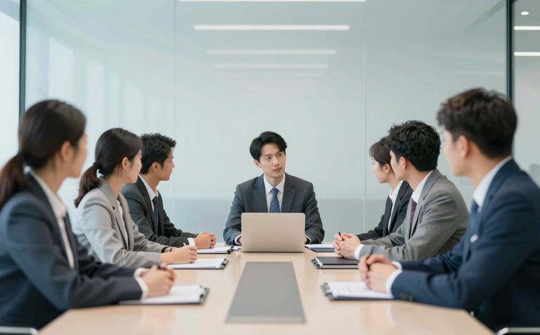 A group of focused executives in a bright, modern glass-walled boardroom. The composition is clean and airy, using the #ECEFF1 background and #546E7A accents to highlight a professional atmosphere of strategic decision-making.