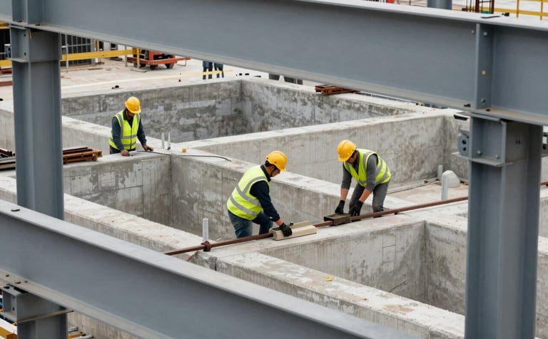 A wide shot of a high-end industrial construction site. Skilled workers in full safety gear, including golden yellow helmets and vests, work on massive concrete foundations. The scene is clean and organized, emphasizing safety and technical authority. Muted slate grey steel beams frame the composition.
