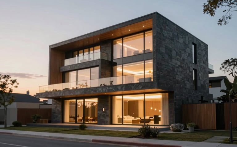A luxury modern residential property at sunset. Large glass windows glow with warm interior lighting (#F8F4EC). The architectural structure uses dark slate (#2A2A2A) and warm wood accents (#8C7E6A). Professional architectural photography, sharp lines, elegant and inviting atmosphere.