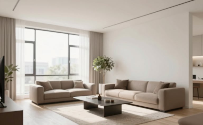 A bright and airy high-end apartment interior. Clean white walls (#F8F4EC) and sophisticated minimalist furniture in taupe (#8C7E6A). Soft sunlight streams through large windows. The mood is trustworthy and premium, showcasing high-standard property management.