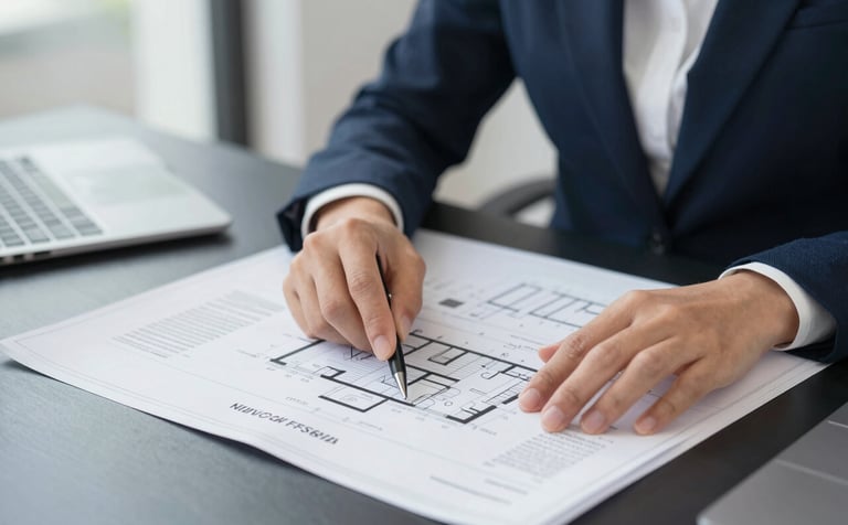 A professional real estate consultant analyzing architectural blueprints and charts on a desk. Modern sophistication, reliable expertise. Bright, clear lighting. Incorporates Off-White (#F5F8FA) papers and Dark Navy (#0A1F2F) desk accessories.