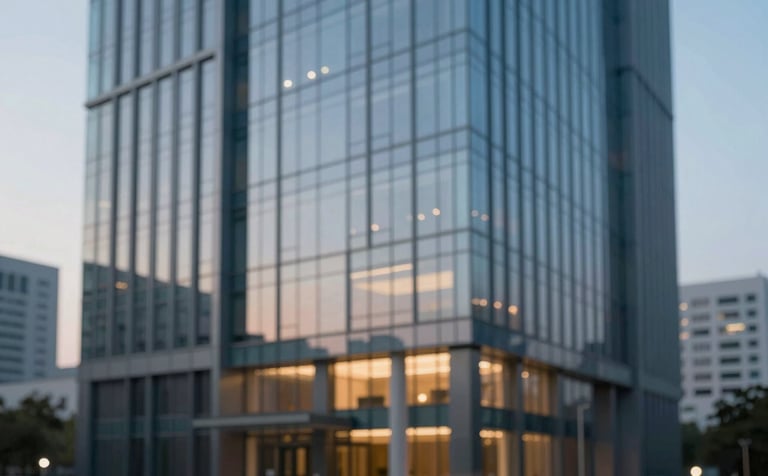 A sleek commercial office building in Haryana with a modern glass facade. Trustworthy and professional mood, indicating stability and growth. Evening lighting with a warm interior glow. Accentuated with Muted Blue (#4B6A7F) tones.