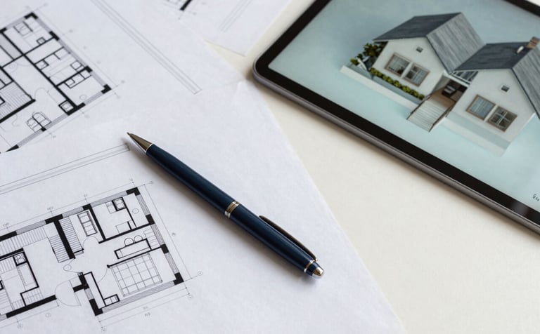 A top-down professional shot of a modern office desk. On the surface, there are detailed architectural blueprints, a sleek dark charcoal blue pen, and a tablet showing a 3D home model. The composition is clean, using a palette of soft off-white and misty blue tones, conveying strategic precision.