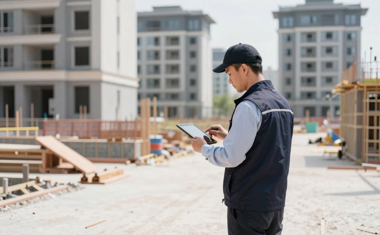 A wide-angle shot of a bright, modern residential construction site under supervision. A professional supervisor in a dark charcoal blue vest is checking details against a digital tablet. The scene is orderly and clean, highlighting professionalism and project control.