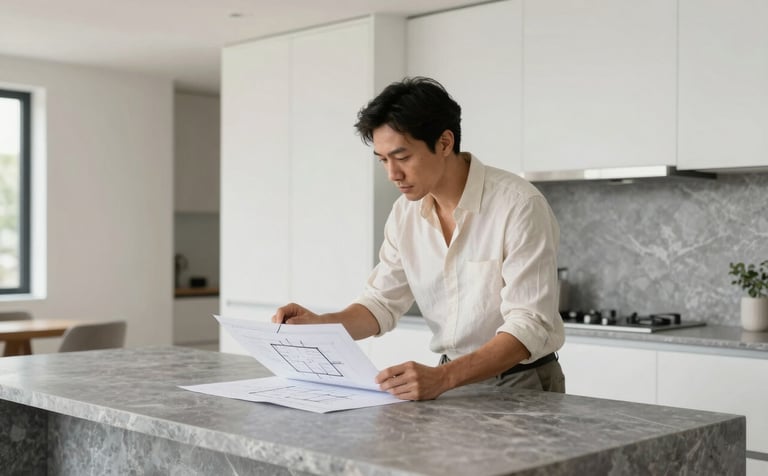 A high-end, bright residential interior featuring clean lines and a minimalist aesthetic. A professional consultant in a soft off-white shirt is reviewing architectural plans with a homeowner on a modern grey-blue stone kitchen island. The lighting is soft and natural, emphasizing a professional yet approachable atmosphere.