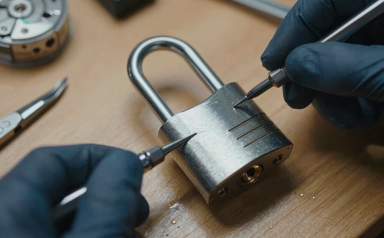 A detailed close-up of a silver mechanical lock being repaired with specialized locksmith tools on a wooden workbench, soft cinematic lighting, professional silver and dark blue tones.