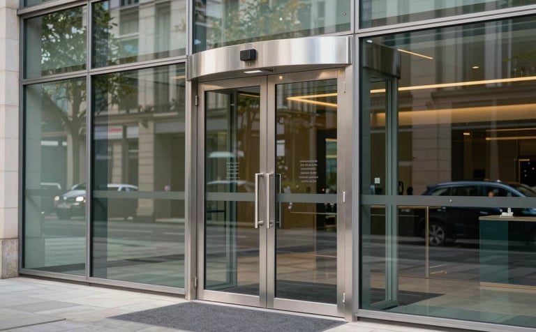 The modern glass entrance of a British commercial building featuring high-security silver hardware, reflecting a professional and secure atmosphere in a Northern European city, soft natural lighting.