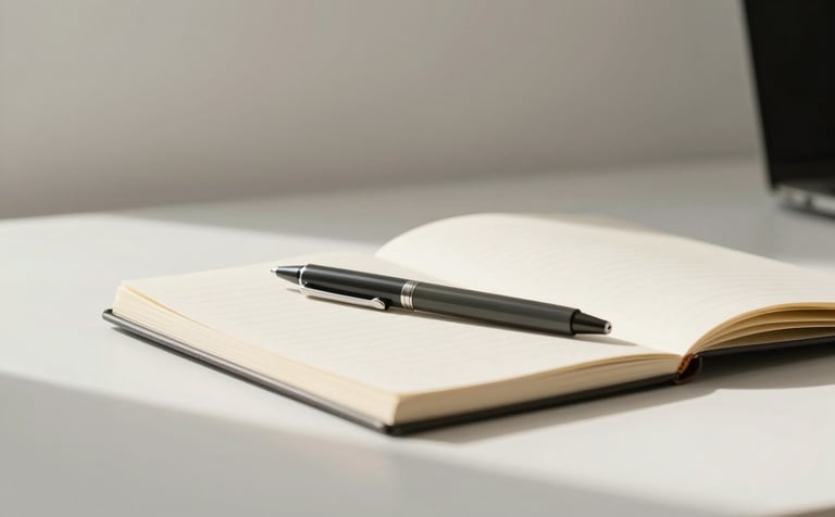 A high-quality editorial photograph of a minimalist workspace in a North American / European studio. A sleek dark slate pen lies on a warm beige open notebook. Soft morning light creates gentle shadows against a soft off-white wall. The composition is clean and calm.