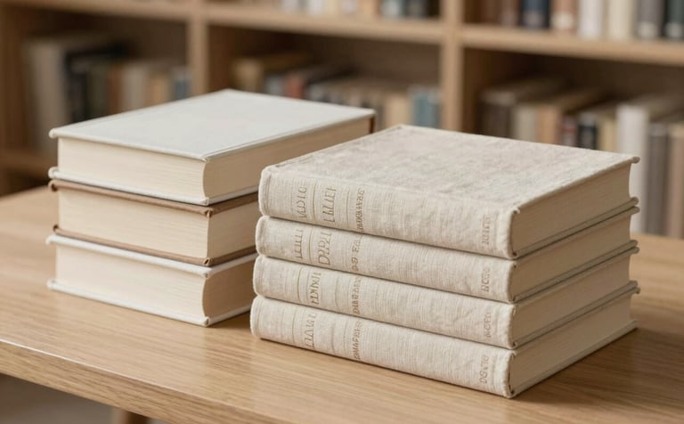 A collection of linen-bound books stacked neatly on a light oak table in a modern North American / European library. Soft off-white and warm beige tones dominate. The lighting is diffuse and editorial, emphasizing the texture of the book covers.