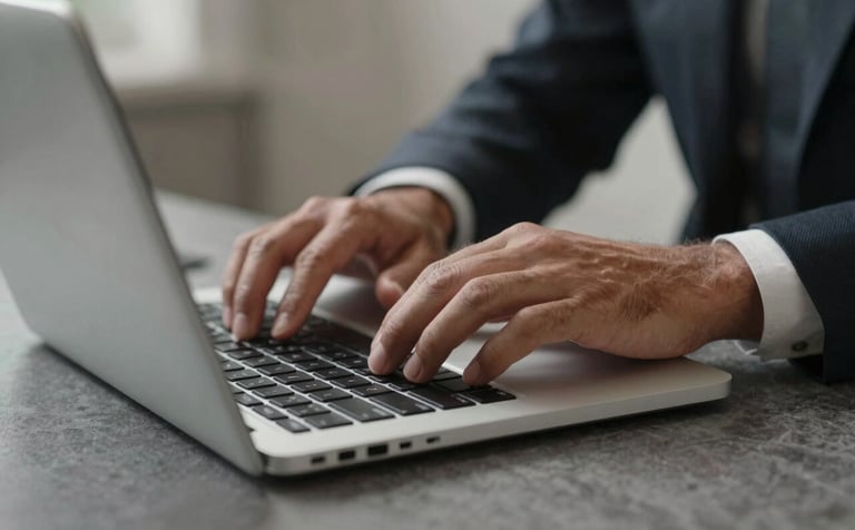 A close-up photograph of a professional's hands working on a silver laptop in a refined North American / European interior. The environment features muted light grey textiles and charcoal slate accents. The lighting is soft, overhead, and professional.
