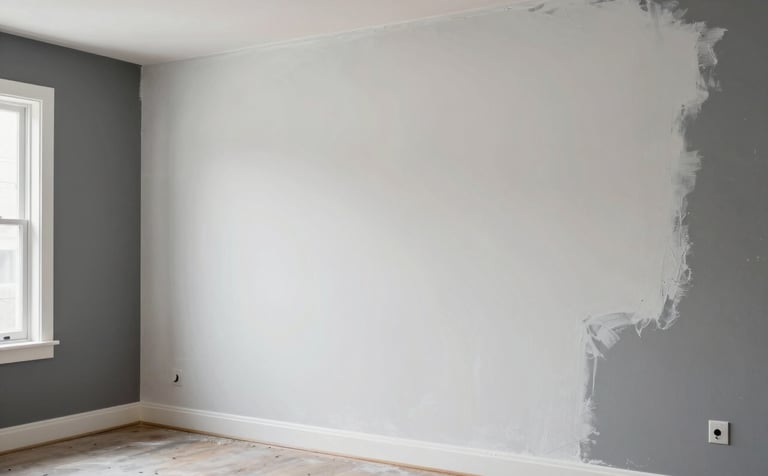 A clean North American / US interior living room showing a wall undergoing professional skim coating. The lighting is bright and airy, with dark slate gray accents in the room's decor.