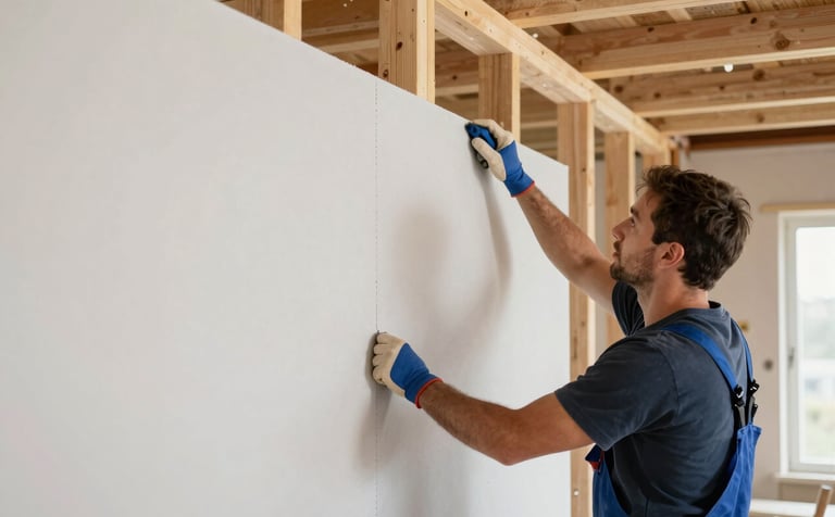 A professional tradesperson in a modern North American / US home under construction, precisely aligning a large drywall sheet against wooden studs. The scene is bright and clean, featuring soft off-white light and steel blue tools.