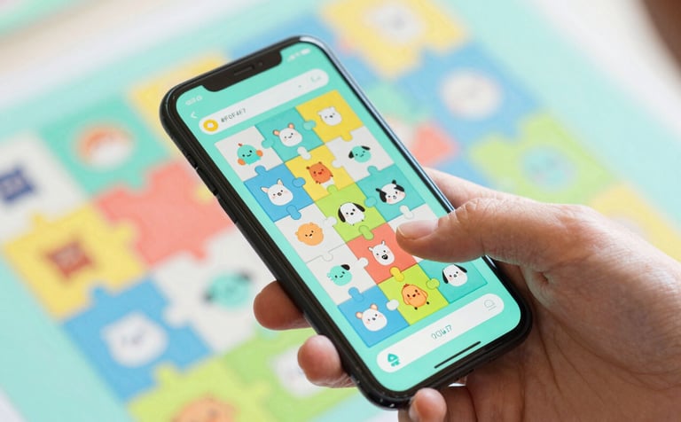 A vibrant and playful photograph of a hand interacting with a smartphone screen displaying a colorful, stylized puzzle game. The game characters are cute and use the brand's #F0F4F7 and #9CC0B9 colors. The lighting is bright and joyful, creating a professional yet approachable feel.