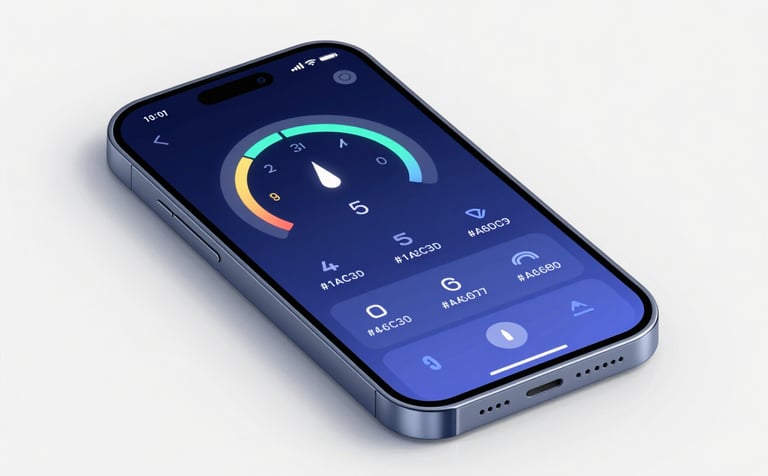 A sleek, tech-focused 3D illustration of a smartphone screen showing stylized system performance gauges and optimization icons. The design is modern and innovative, using #1A2C30 and #4A6D7C with subtle neon accents in #9CC0B9. The composition is clean and focused on utility.