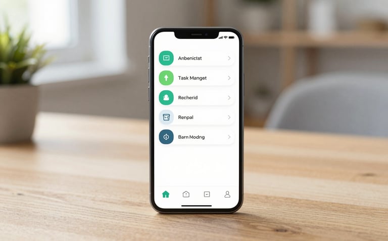 A high-resolution, modern mockup of an Android smartphone showing a minimalist task-management app. The UI is clean, featuring soft rounded corners and a palette of #9CC0B9 and #4A6D7C. The phone is placed on a light-colored wooden desk in a bright, inviting room with natural lighting.