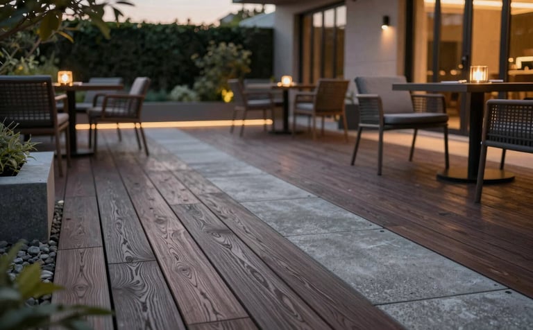 An elegant outdoor terrace at twilight with stamped concrete mimicking dark hardwood planks (#2E3A3A). Modern garden furniture, warm hidden LED lighting, and a professional, cozy atmosphere. The craftsmanship is evident in the realistic wood grain texture stamped into the concrete.
