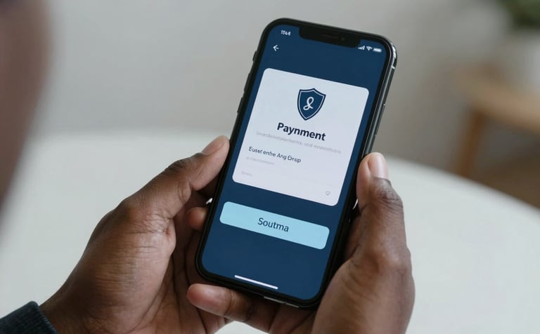 A close-up photograph of hands holding a smartphone in a modern, minimalist setting in East Africa. The screen shows a digital payment confirmation with soft light blue and dark navy tones in the background, conveying security and speed.
