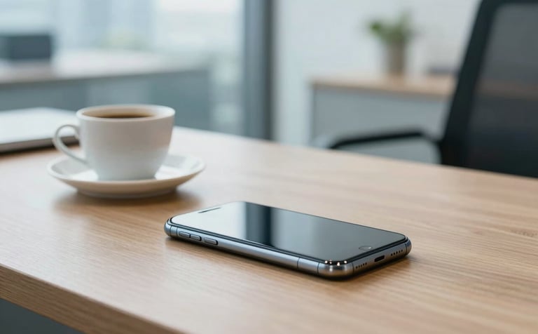 A photography shot of a smartphone lying on a clean wooden desk next to a cup of coffee in a bright, modern office in East Africa. The scene reflects a calm, efficient financial environment with soft blue tones.