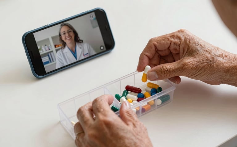 Close-up of a South American senior woman's hands organizing colorful medication in a clear plastic organizer while a smartphone rests nearby showing a video call screen with a pharmacist. Steel blue and off-white color palette.