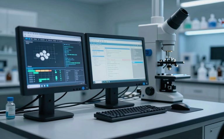 A high-tech pharmaceutical workstation in a South American clinic, featuring professional screens displaying pharmaceutical data and a blurred background of a modern lab. Dark blue and steel blue tones, sharp focus, empathetic lighting.