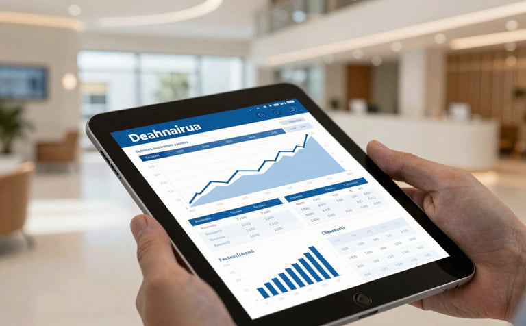 A close-up photograph of a tablet in a stylish Brazilian medical clinic lobby, displaying financial growth charts and revenue reports in blue and white colors. The background is a clean, modern architectural space with warm natural light.