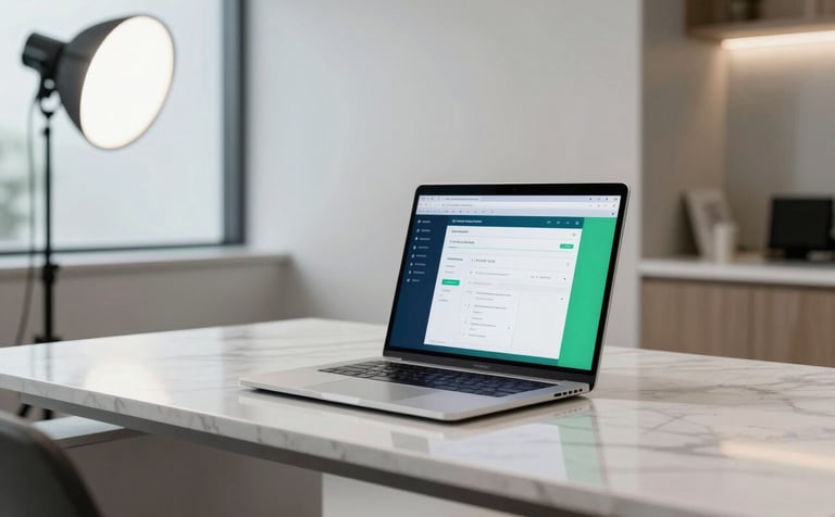 A modern, minimalist office in a high-end South American aesthetic clinic. A sleek laptop sits on a white marble desk, displaying a clean and professional software dashboard with blue and green accents. Professional studio lighting, airy atmosphere, Brazilian design influence.