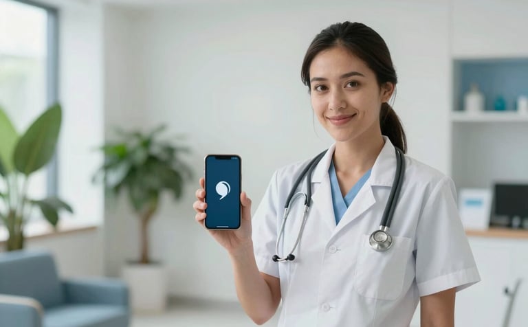 A professional South American healthcare provider in a clean, modern aesthetic center, holding a smartphone that displays a notification icon. The background features bright, soft-focus clinic interiors with green plants and blue decorative elements.