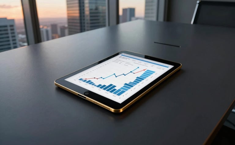 An aerial view of a sleek, dark-toned conference room table with a gold-trimmed tablet displaying growth charts, North American skyscraper visible through glass walls at sunset.