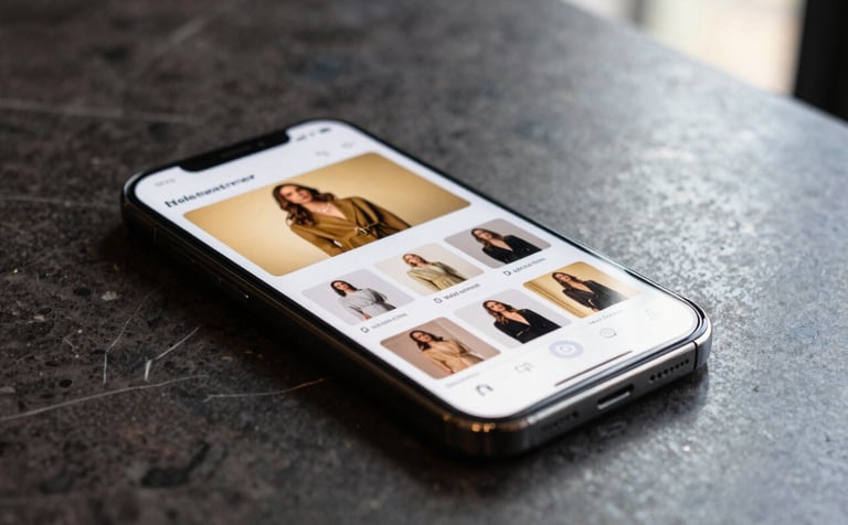 A close-up of a high-end smartphone resting on a dark marble surface, displaying a sleek social media interface with gold-themed fashion advertisements, soft natural light from a window in a North American luxury apartment, professional photography.