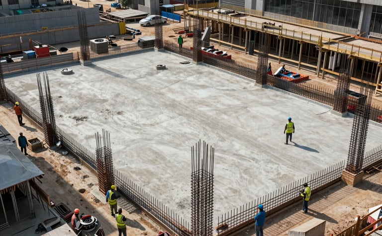 A high-angle professional photograph of a modern civil construction site in South Asian / Indian urban environment. The scene shows high-quality steel reinforcements and a clean concrete foundation being prepared. Workers wear professional safety gear. The lighting is bright morning sun, emphasizing a clean and organized workspace with Grey and White equipment.