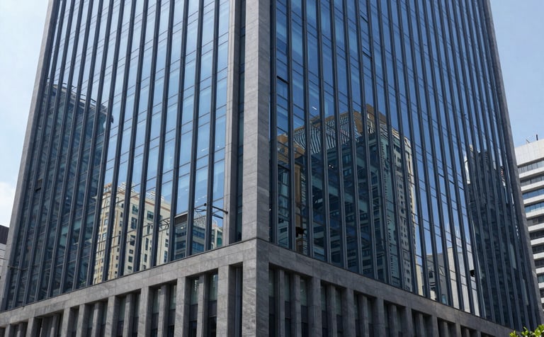 An impressive exterior shot of a modern corporate office building with a Dark Blue glass facade and Grey structural elements. The architecture is sharp and professional, reflecting the skyline of a developing South Asian / Indian business district. The lighting is crisp and clear, highlighting corporate reliability.