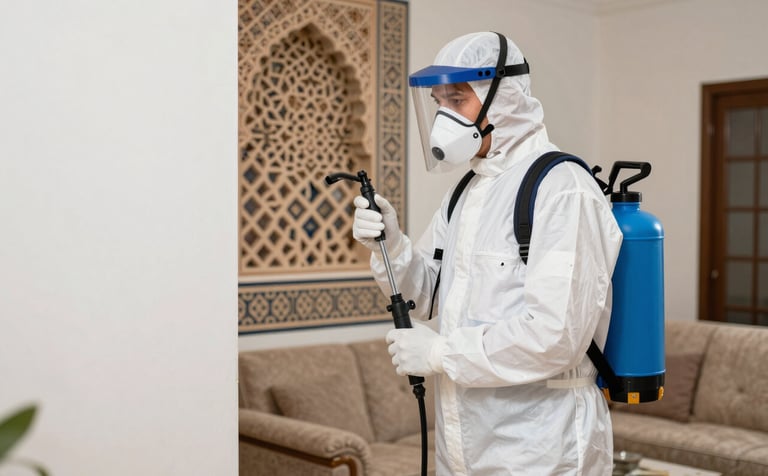 A professional pest control technician in a clean white uniform and protective mask, using specialized spraying equipment in a corner of a modern North African living room with Moroccan geometric patterns on the wall. The lighting is bright and professional, emphasizing a clean and safe environment. Dark Navy and Light Blue accents are visible in the technician's gear.