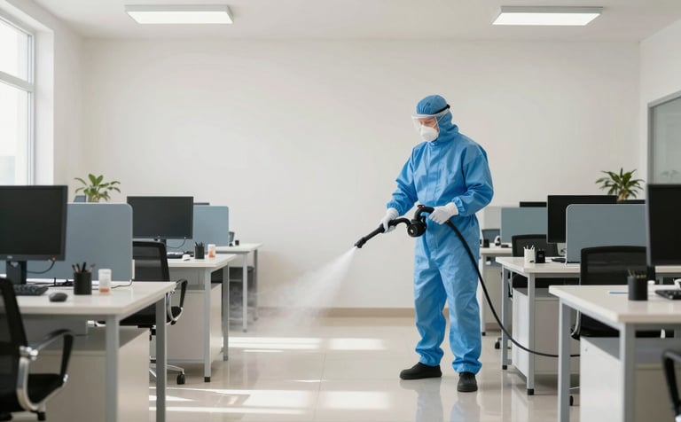 A wide shot of a bright, clean North African office space being professionally disinfected. A specialist in a blue protective suit is using a fogging machine. The lighting is natural and airy, highlighting a safe and healthy workspace. Palette colors: Off-white floors and Blue-Grey equipment.