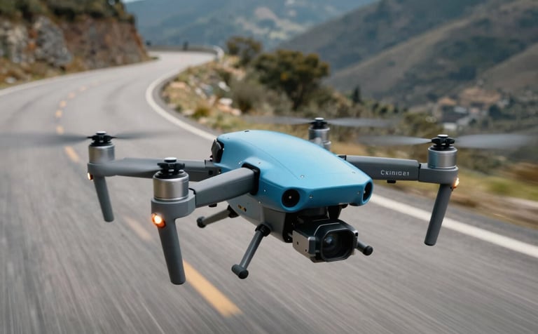 Cinematic shot of a drone filming a high-speed scene on a winding mountain road in Latin America. The lighting is crisp daylight, highlighting the steel blue and light blue metallic details of the drone equipment. Professional and high-tech atmosphere.