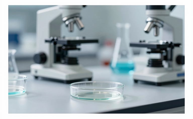 A clean, optimistic high-tech laboratory scene. A glass petri dish and advanced pharmaceutical equipment are shown in sharp focus with a shallow depth of field, utilizing #1A2F2F and #F3F8F8 to convey elite scientific research.