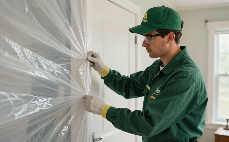 A licensed mold remediation expert wearing professional uniform and gloves, carefully sealing a doorway with clear plastic containment in a Canadian home. Professional, trust-building atmosphere with forest green and off-white tones.
