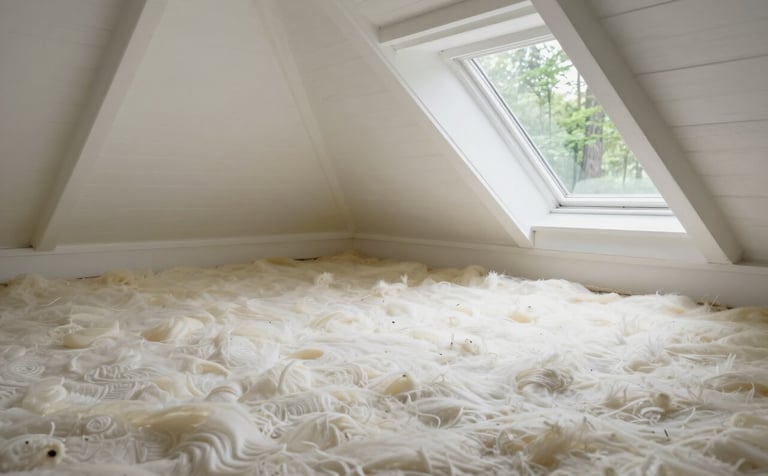 A high-quality photo of a pristine, mold-free attic with clean white insulation in a North American home. The environment is bright and healthy, shot in soft natural light with subtle forest green accents.
