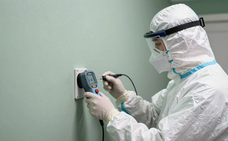 A professional North American technician in clean white protective gear and a mask using a high-tech moisture meter on a wall in an Ottawa residential basement. Bright, clean photography with sage green and charcoal accents, emphasizing precision and safety.