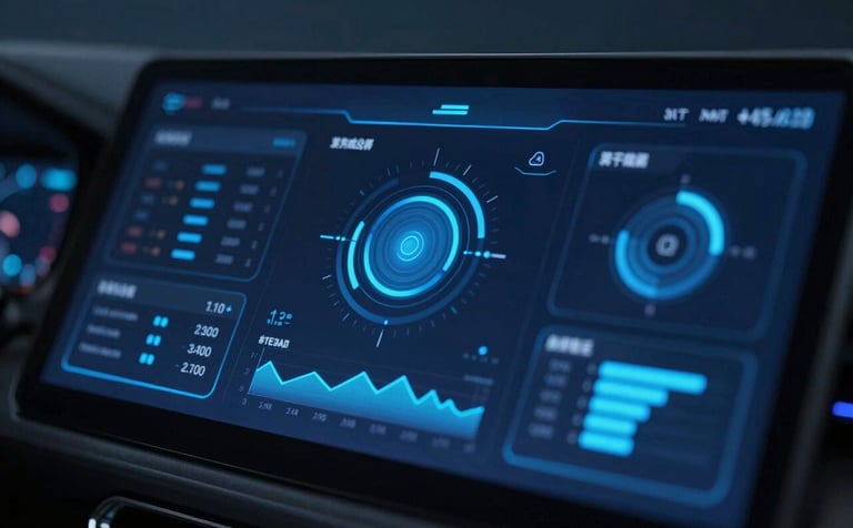A premium close-up of a high-tech digital dashboard with glowing blue data visualizations and charts. The style is sleek and corporate, featuring tones of #1E3A8A and #4F77CC against a deep #0F172A background. High-end, sharp focus, professional lighting.